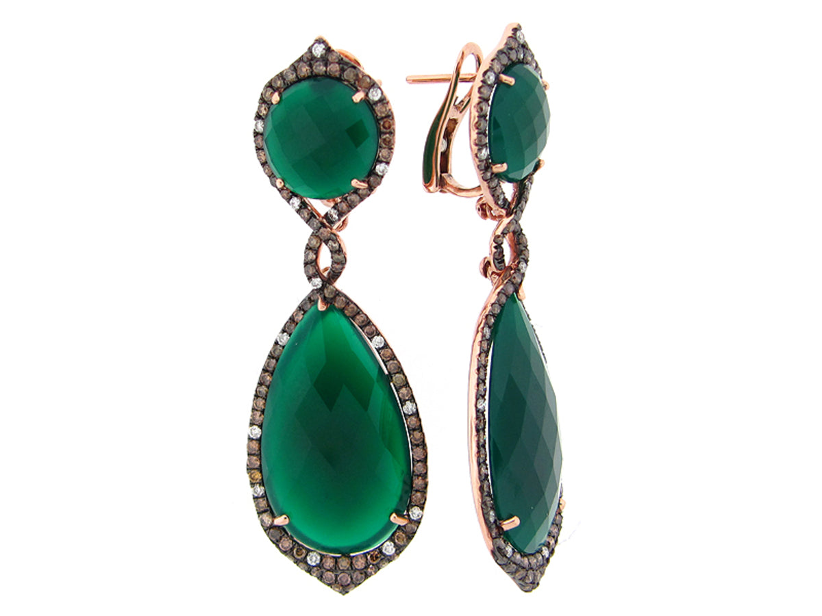 GREEN AGATE, BROWN & WHITE DIAMOND EARRING, 14KR (D/N), C=27.23