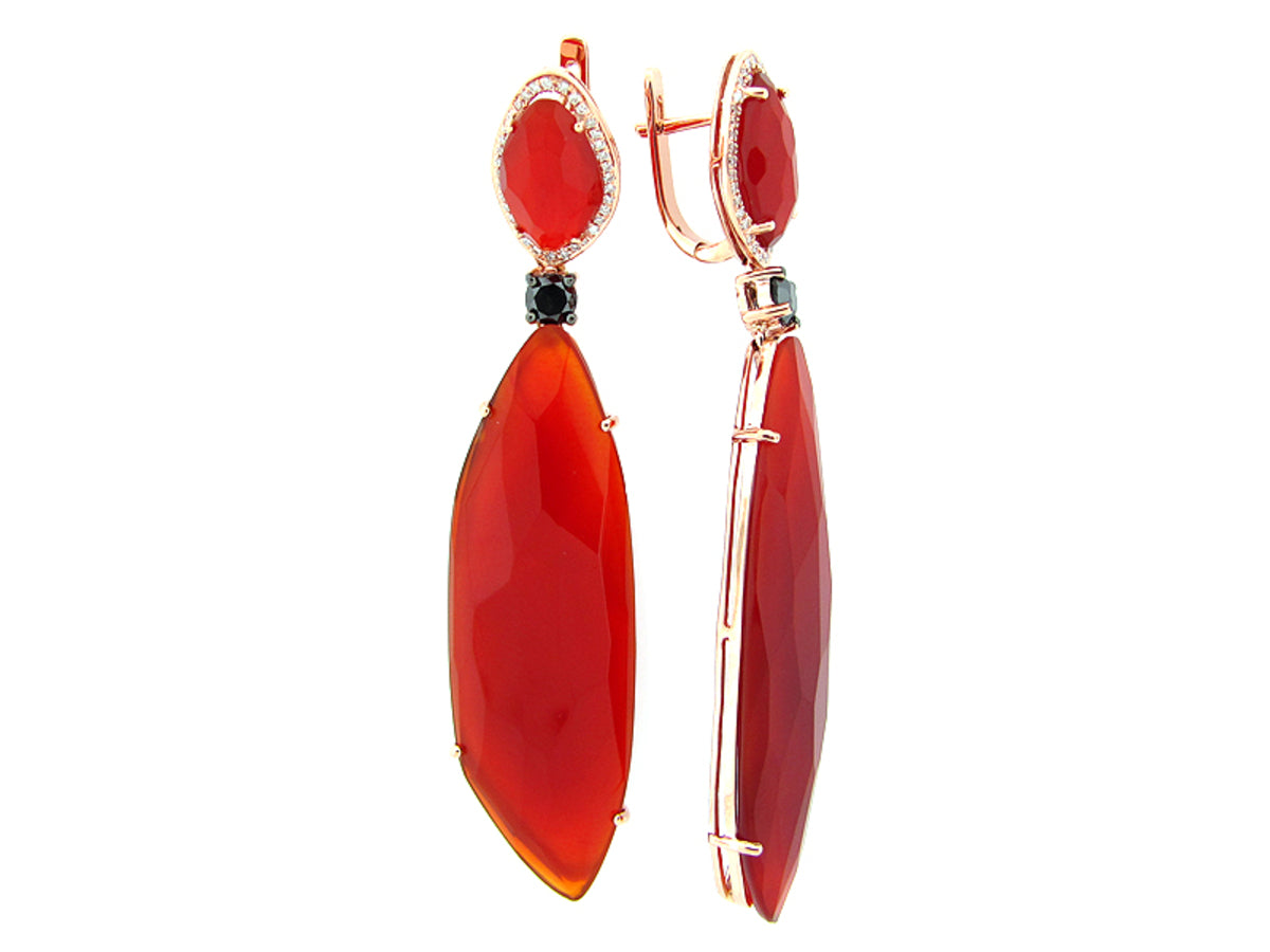 RED ORANGE AGATE, BLACK & WHITE DIAMOND EARRING, 14KR (D/R), C=50.00