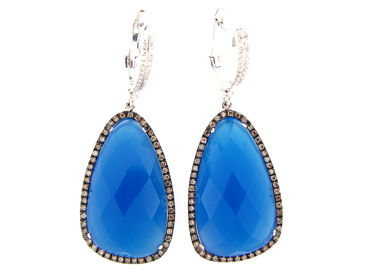 BLUE AGATE, BROWN & WHITE DIAMOND EARRING, 14KW (D/N)