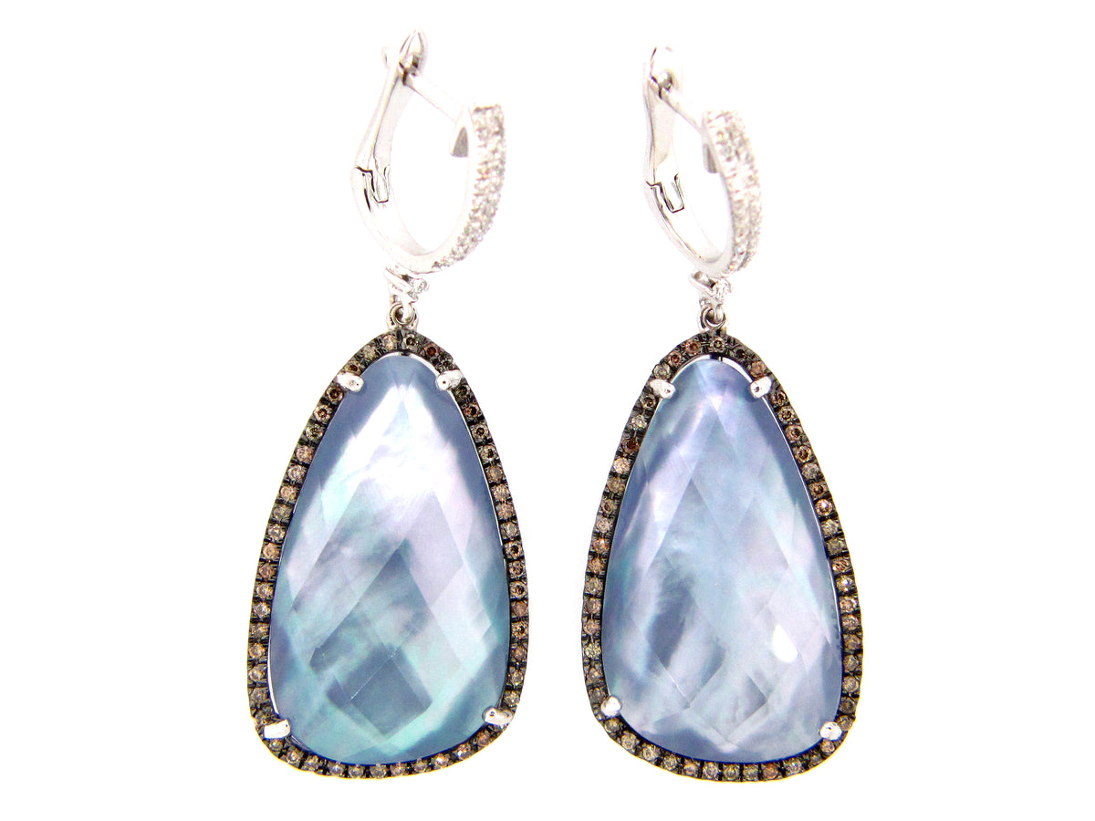 QUARTZ, SHELL & LAPIS TRIPLET, BROWN & WHITE DIAMOND EARRING, 14KW (ASBL/N)