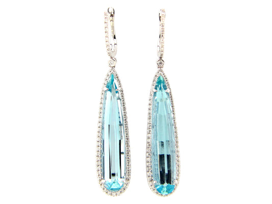 AQUAMARINE & DIAMOND EARRING, 14KW (H)