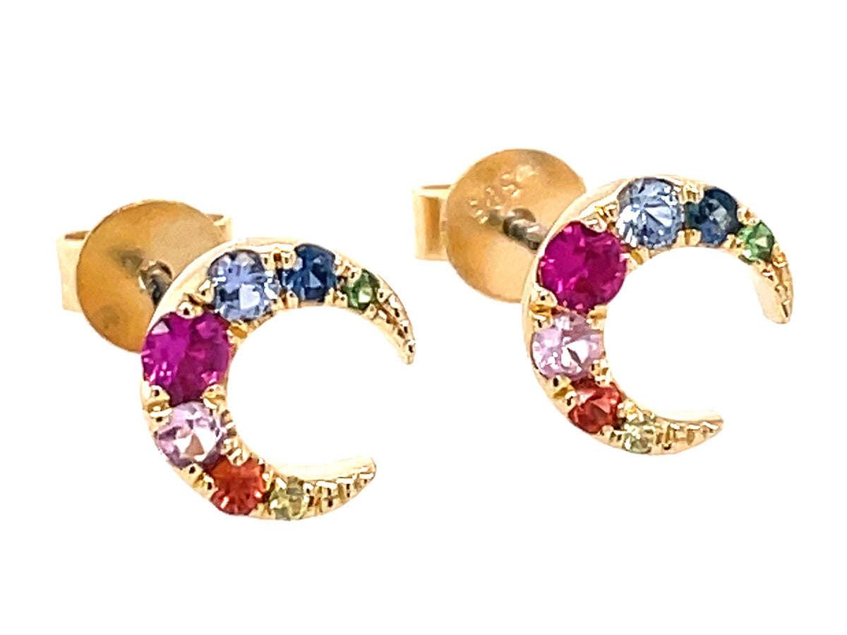RAINBOW SAPPHIRE & TSAVORITE CRESCENT MOON EARRING, 14KY (H/U/N)