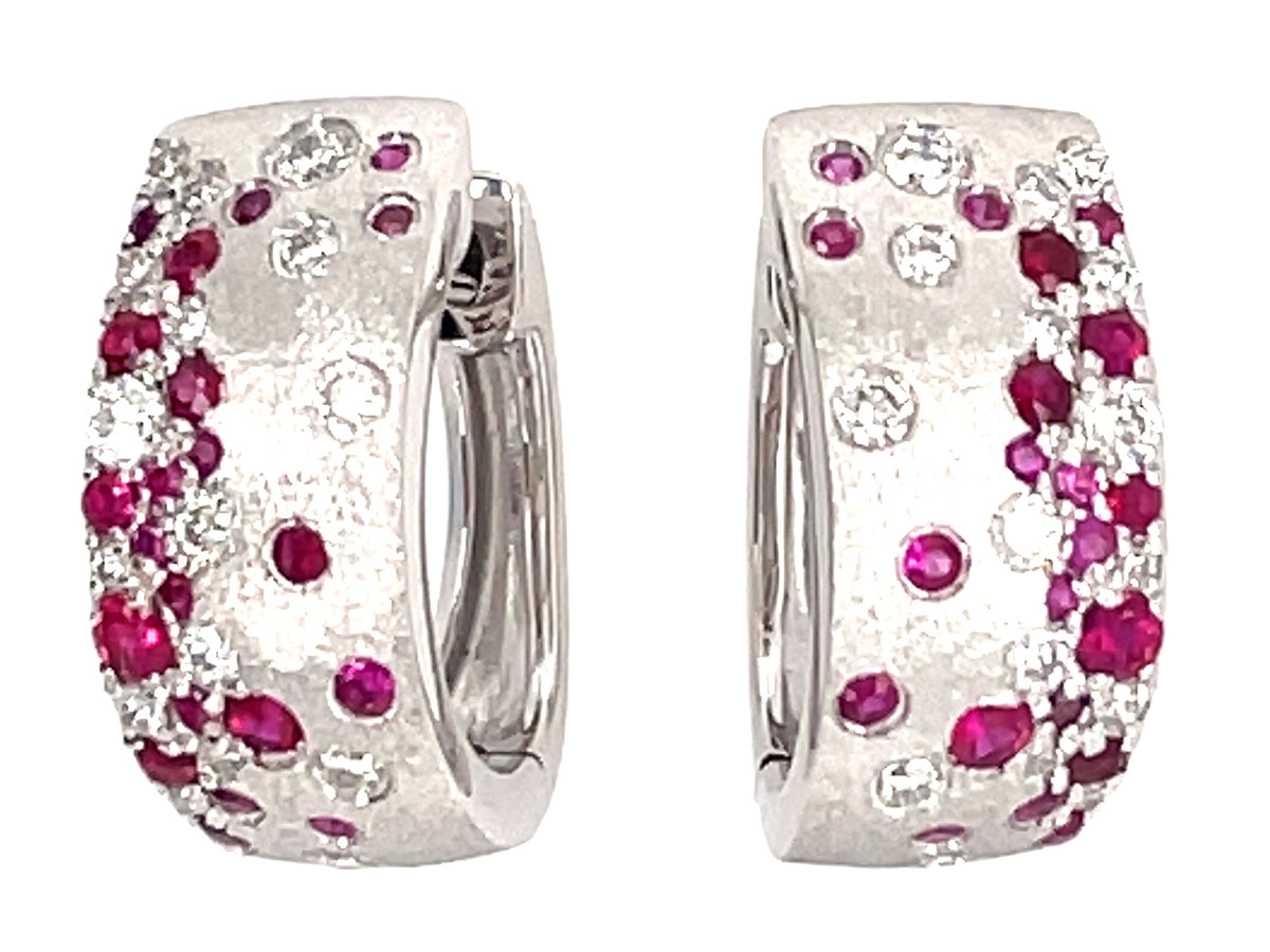 RUBY & DIAMOND FLUSH SET EARRING, SATIN FINISH