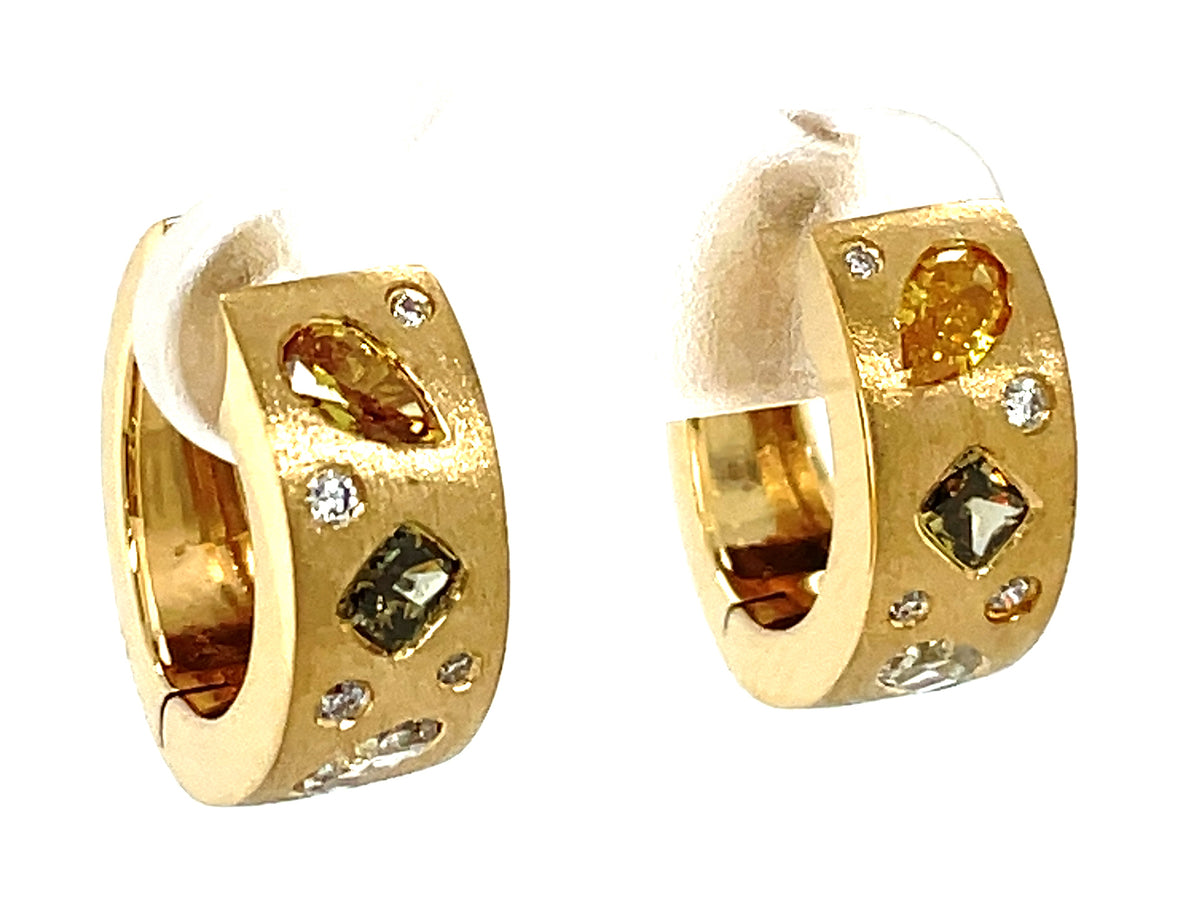NATURAL FANCY COLOR & WHITE DIAMOND TAPERED BACK EARRING,16MM, SATIN FINISH