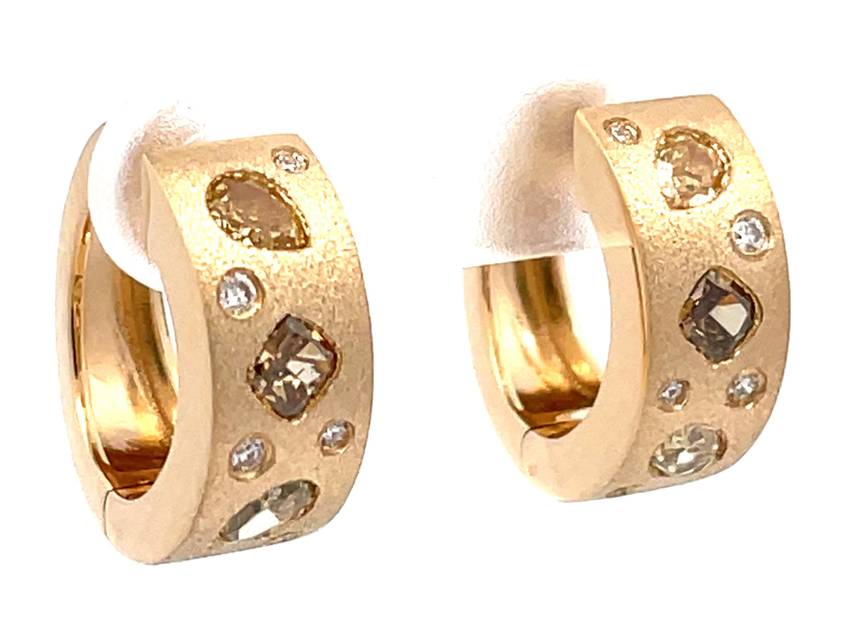 NATURAL FANCY COLOR & WHITE DIAMOND TAPERED BACK EARRING,16MM, SATIN FINISH