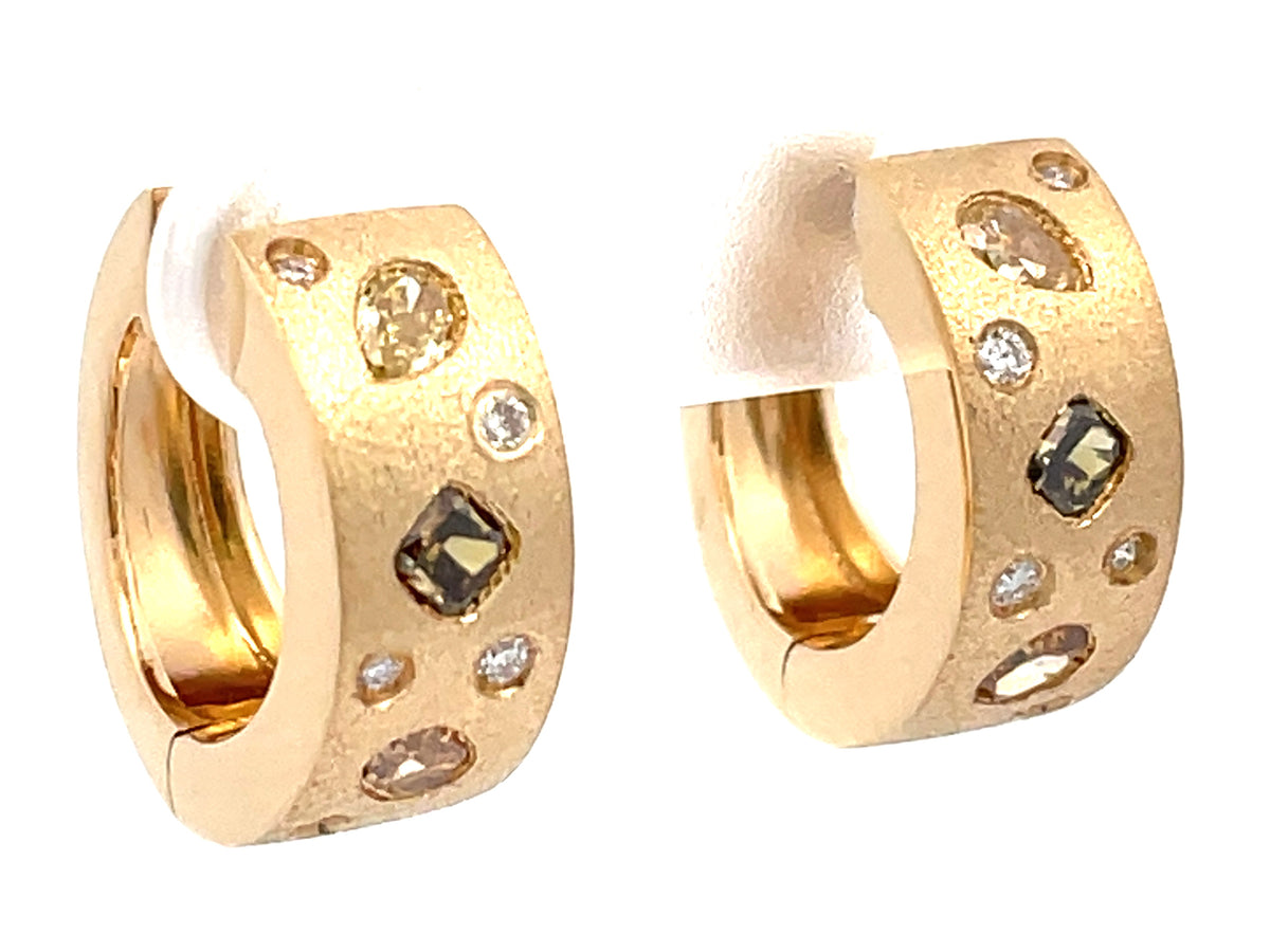 NATURAL FANCY COLOR & WHITE DIAMOND TAPERED BACK EARRING,16MM, SATIN FINISH