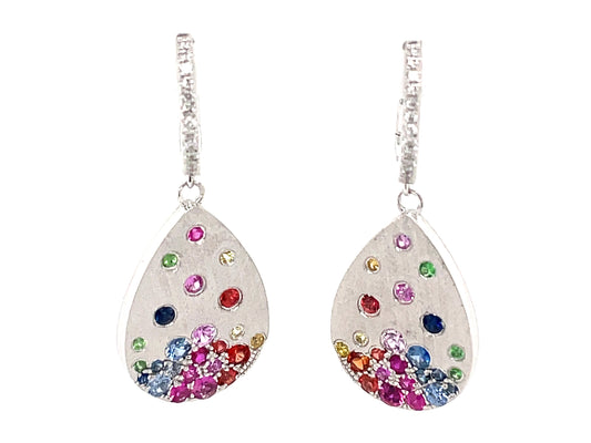 Rainbow Sapph, Tsav Dia Flush Set Pear Dangle Earring, Satin Finish, 14kw (H/U)