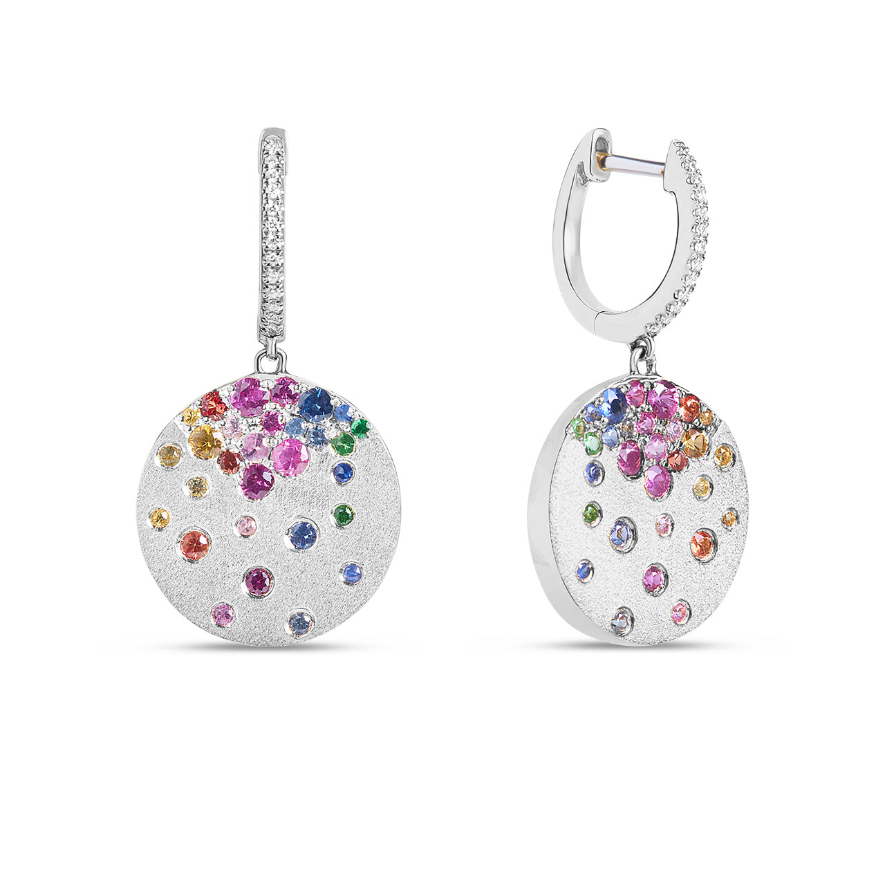 Rainbow Sapphire & Diamond Confetti Disc Dangle Earring