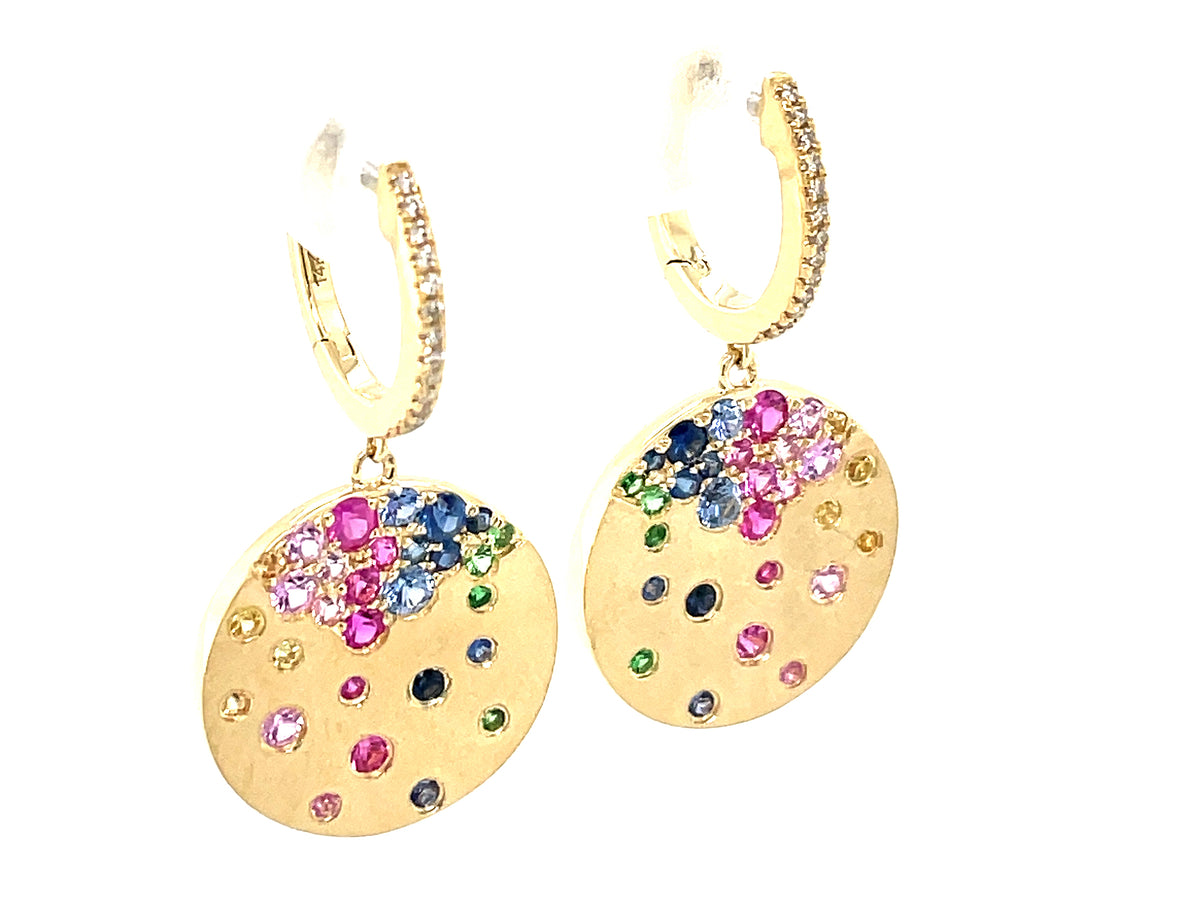 RAINBOW SAPPHIRE(H) TSAVORITE (N) & DIAMOND DISC DANGLE EARRING, SATIN FINISH