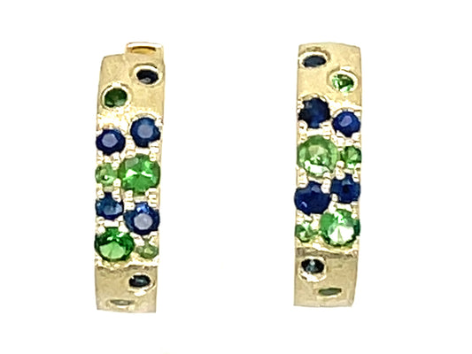 BLUE SAPPHIRE & TSAVORITE FLUSH SET HUGGY EARRING, SATIN FINISH