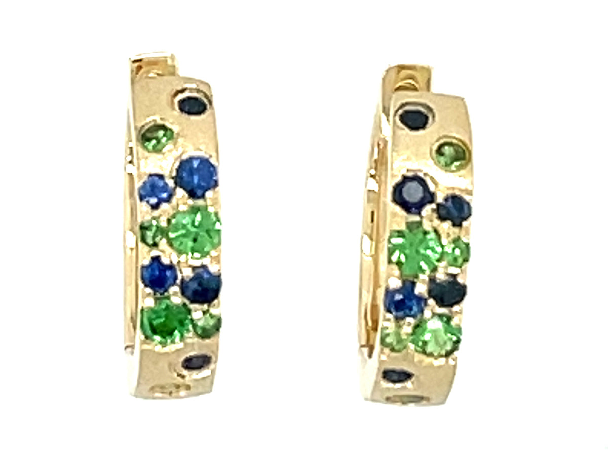 BLUE SAPPHIRE & TSAVORITE FLUSH SET HUGGY EARRING, SATIN FINISH