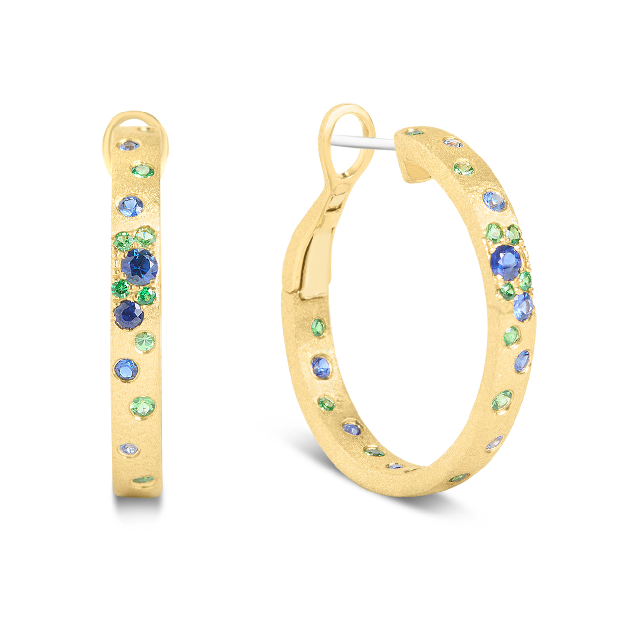 Sapphire & Tsavorite Confetti Round Hoop Earring