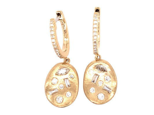 DIAMOND BAGUETTES ROUNDS MARQUIS FLUSH SET DANGLE EARRING, SATIN FINISH