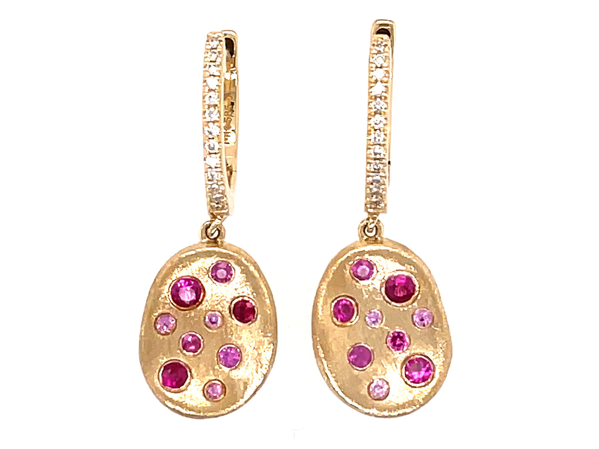 PINK SAPPHIRE, RUBY & DIAMOND FLUSH SET DANGLE EARRING, SATIN FINISH, 14KY (H)
