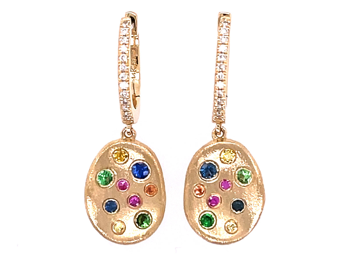 RAINBOW SAPPHIRE, TSAVORITE & DIAMOND FLUSH SET DANGLE EARRING, SATIN FINISH
