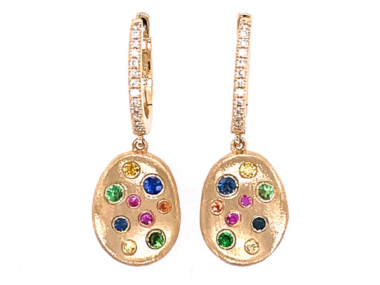 Rainbow Sapphire, Tsavorite Diamond Flush Set Dangle Earring, Satin Finish