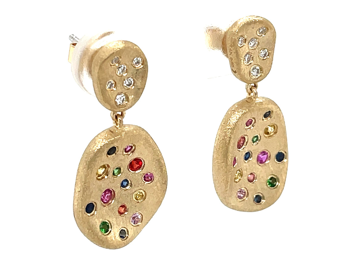 RAINBOW SAPPHIRE, RUBY, TSAVORITE & DIAMOND DANGLE EARRING, 14KY SATIN FINISH (H/U/N)