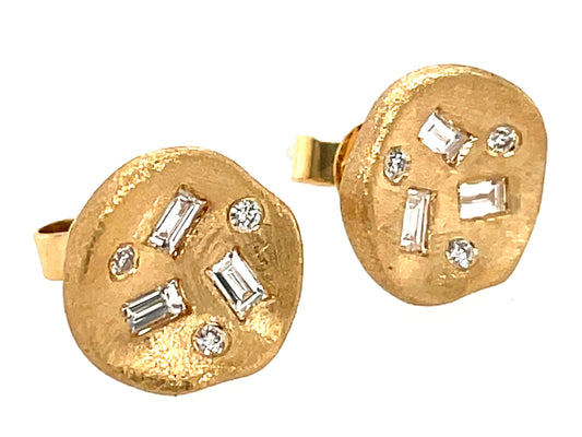 DIAMOND BAGUETTES & ROUNDS FLUSH SET DISC STUD EARRING, SATIN FINISH