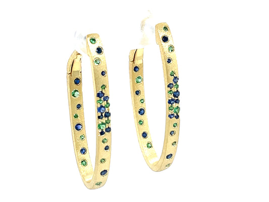 BLUE SAPPHIRE & TSAVORITE FLUSH SET OVAL HOOP EARRING, 37X17MM,  SATIN FINISH