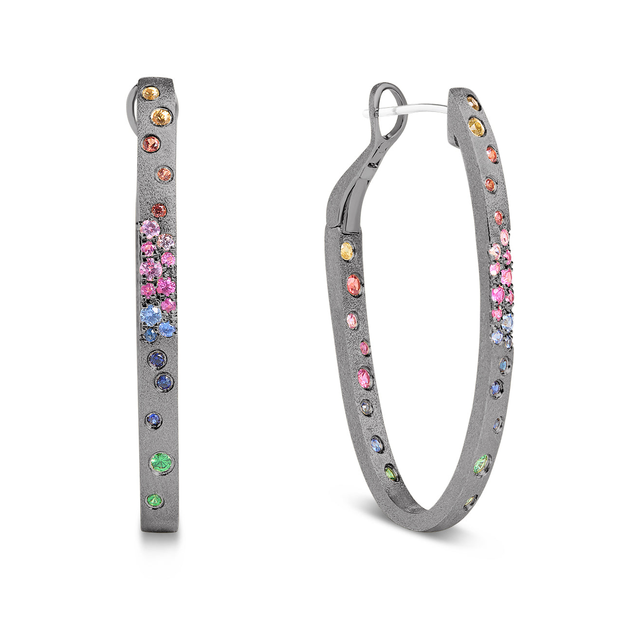 Rainbow Sapphire Confetti Oval Hoop Earring