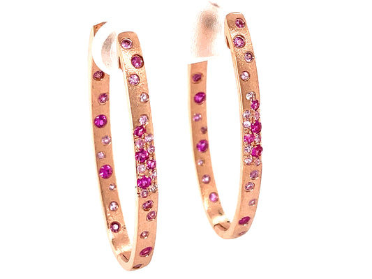 PINK SAPPHIRE & RUBY FLUSH SET OVAL HOOP EARRING, 37X17MM, SATIN FINISH