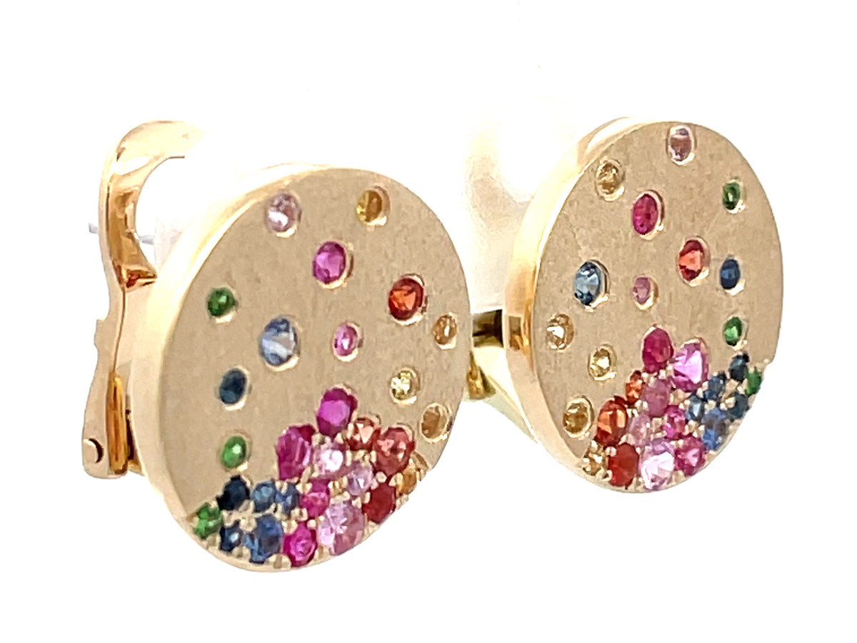 RAINBOW SAPPHIRE CONFETTI DISC OMEGA CLIP EARRING, 15MM, SATIN FINISH