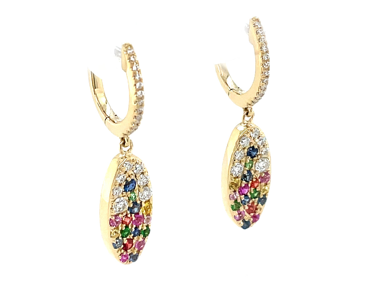 RAINBOW SAPPHIRE, RUBY, TSAVORITE & DIAMOND PAVE PEAR DROP EARRING