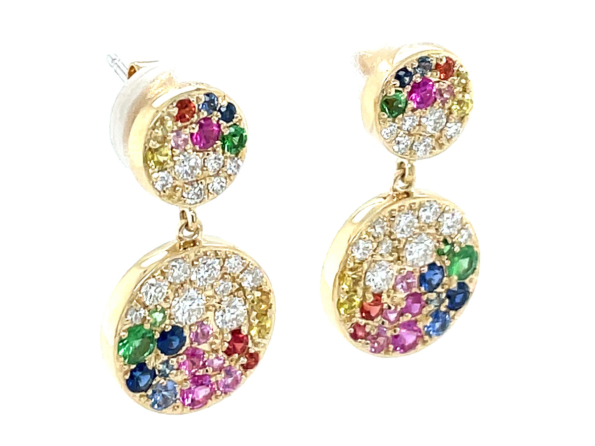 RAINBOW SAPPHIRE, RUBY, TSAVORITE & DIAMOND PAVE DOUBLE DISC DANGLE EARRING, 7.8/11.8MM