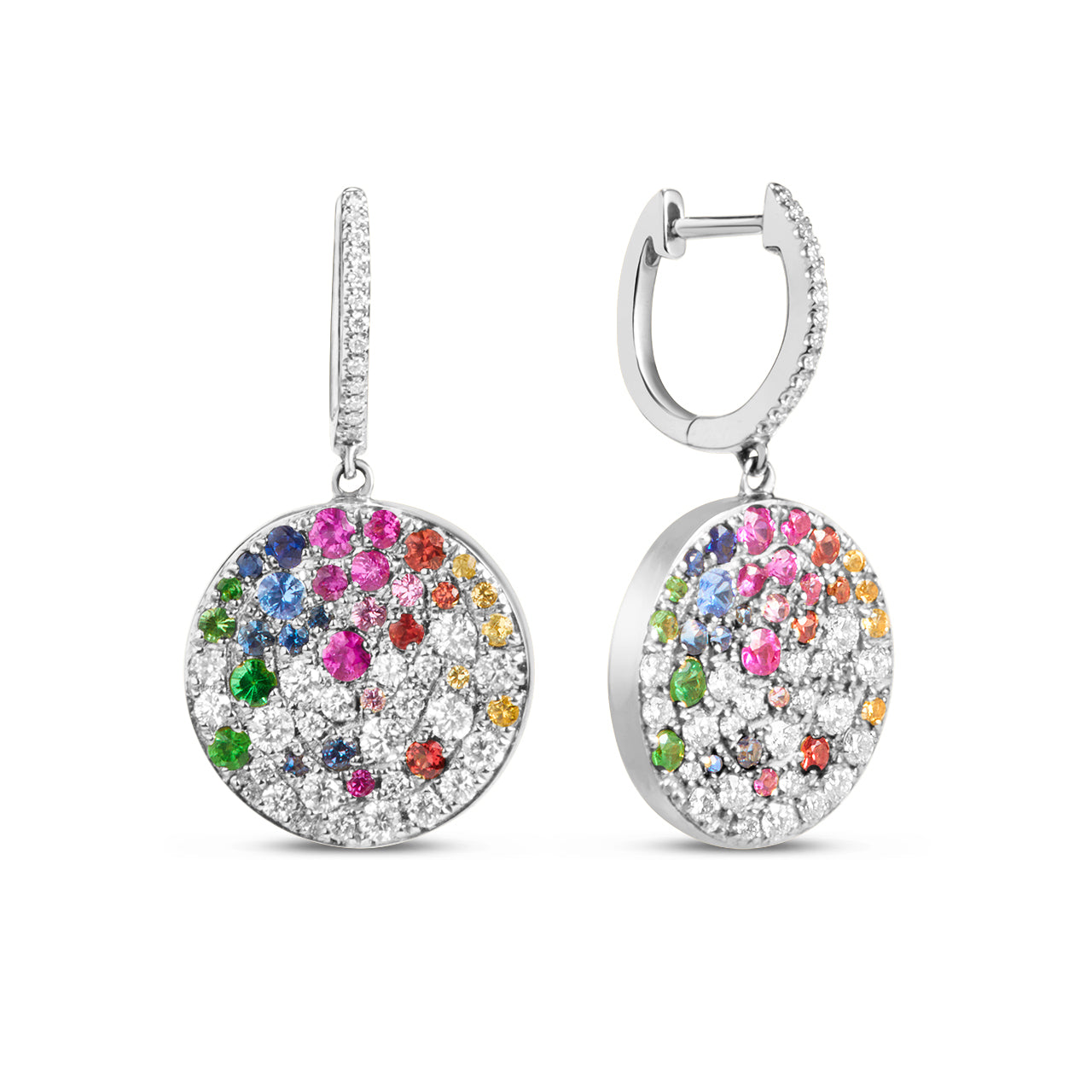 Rainbow Sapphire & Diamond Pave Confetti Disc Dangle Earring