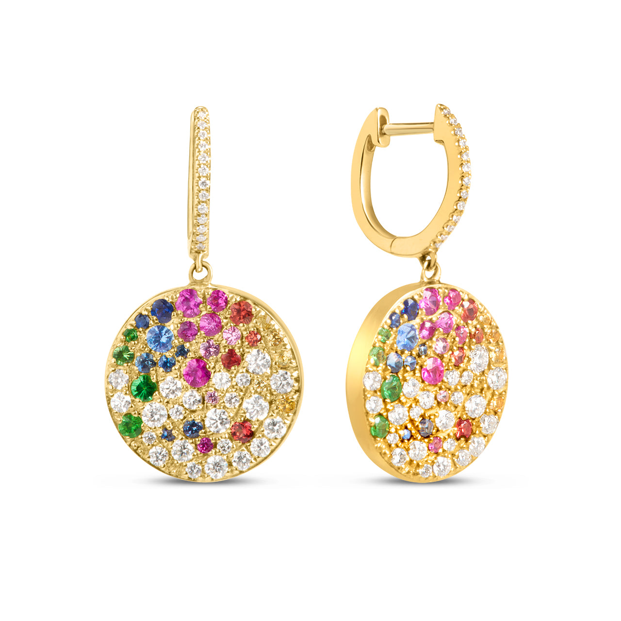 Rainbow Sapphire & Diamond Pave Confetti Disc Dangle Earring