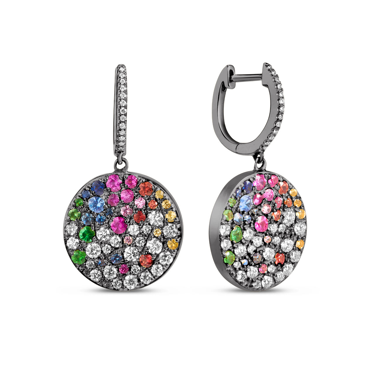 Rainbow Sapphire & Diamond Pave Confetti Disc Dangle Earring