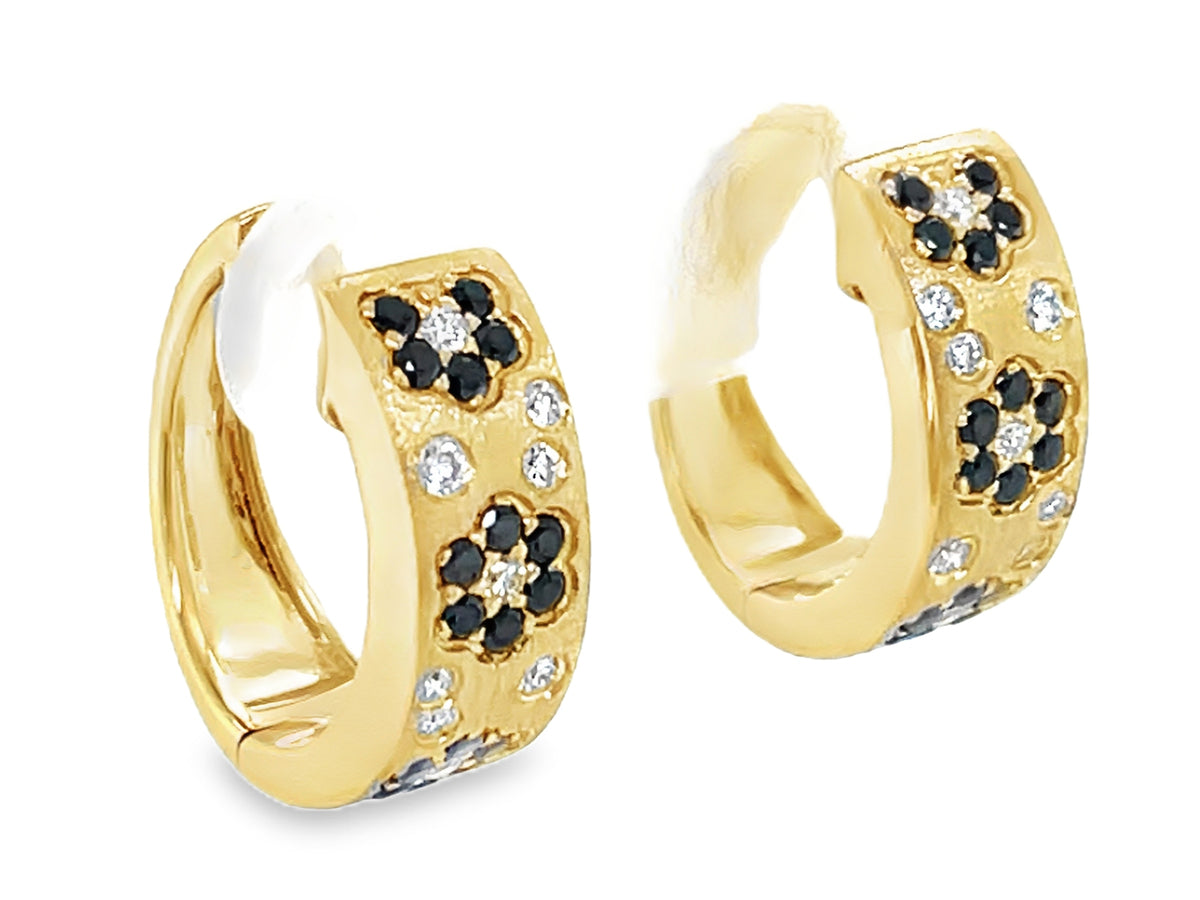 BLACK & WHITE DIAMOND FLORETTE HUGGY EARRING, 15MM, SATIN FINISH