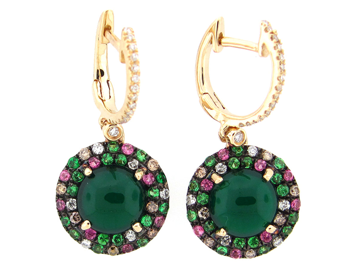 GREEN AGATE, PINK SAPPHIRE, TSAVORITE, BROWN & WHITE DIAMOND EARRING, 14KY (D/H/N)