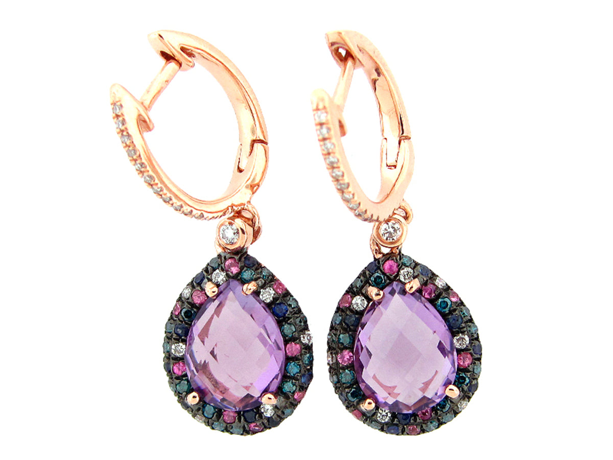CHB AMETHYST, BLUE & WHITE DIAMOND, BLUE & PINK SAPPHIRE EARRING, 14KR (H/R/N), C=3.56