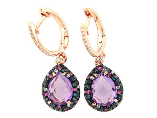 CHB AMETHYST, BLUE & WHITE DIAMOND, BLUE & PINK SAPPHIRE EARRING, 14KR (H/R/N), C=3.56