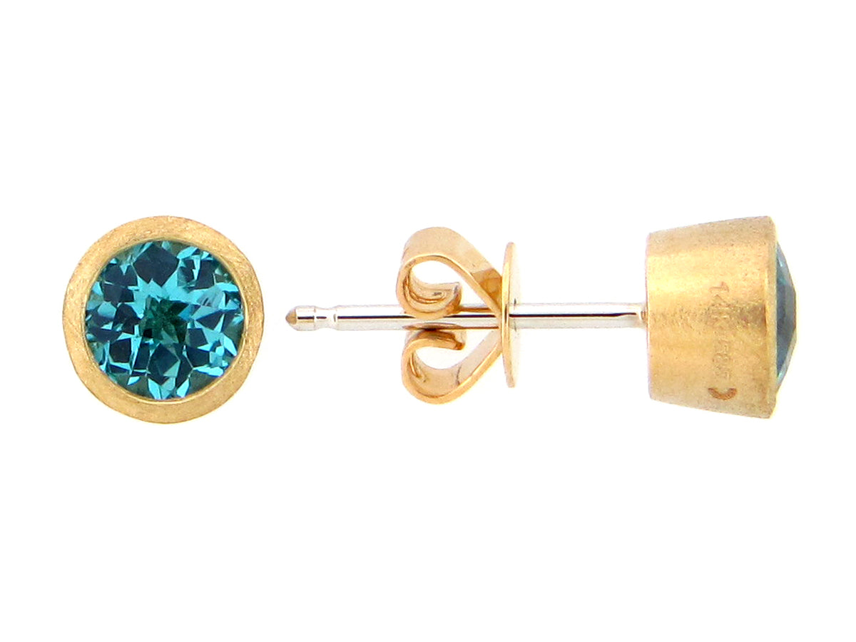 SWISS BLUE TOPAZ BEZEL STUD EARRING, SATIN FINISH, 14KY (R)