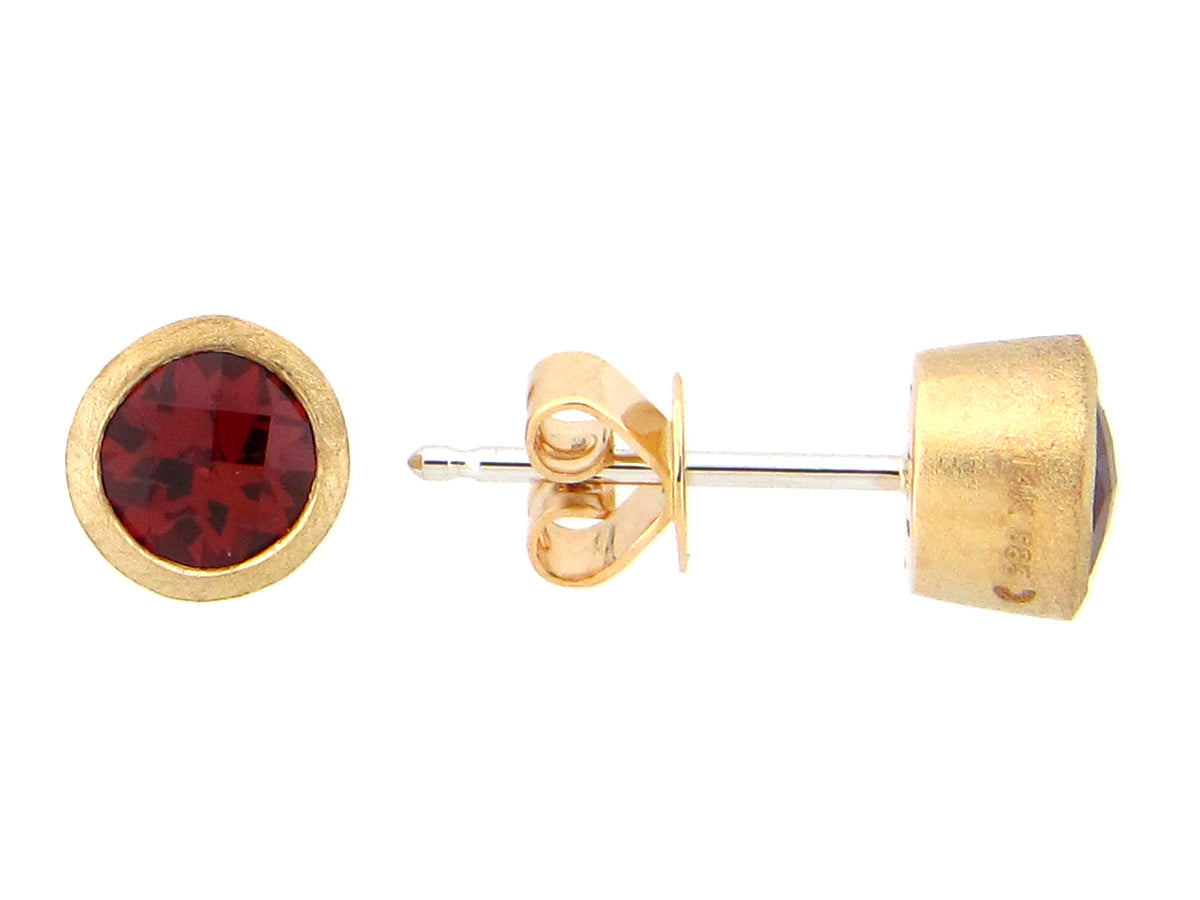 GARNET BEZEL STUD EARRING, SATIN FINISH, 14KY (N)