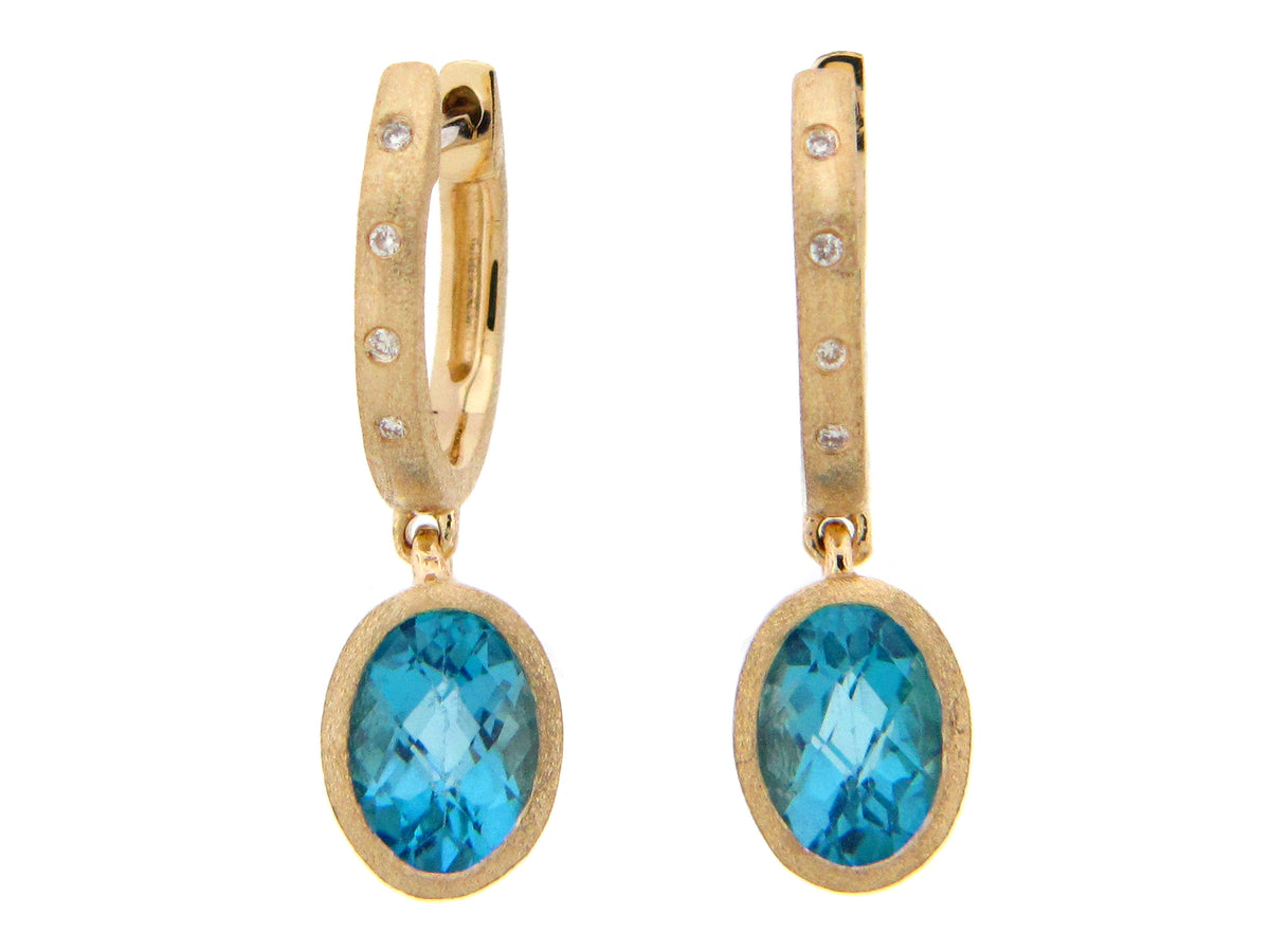 SWISS BLUE TOPAZ & DIAMOND OVAL EARRING, SATIN FINISH, 14KY (R)