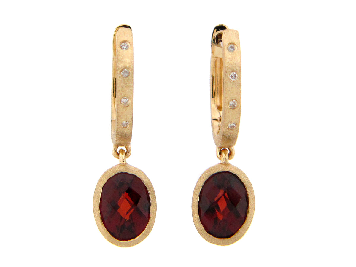GARNET & DIAMOND OVAL EARRING, SATIN FINISH, 14KY (N)