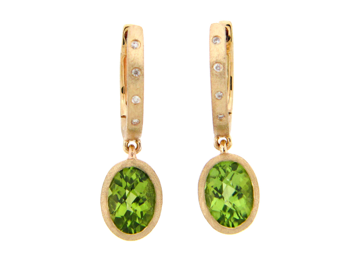 PERIDOT & DIAMOND OVAL EARRING, SATIN FINISH, 14KY (N)