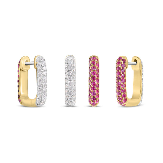 Ruby & Diamond Pave Reversible Rectangle Huggie Earring