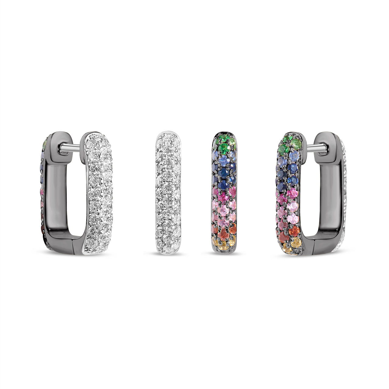 Rainbow Sapphire & Diamond Pave Reversible Rectangle Huggie Earring
