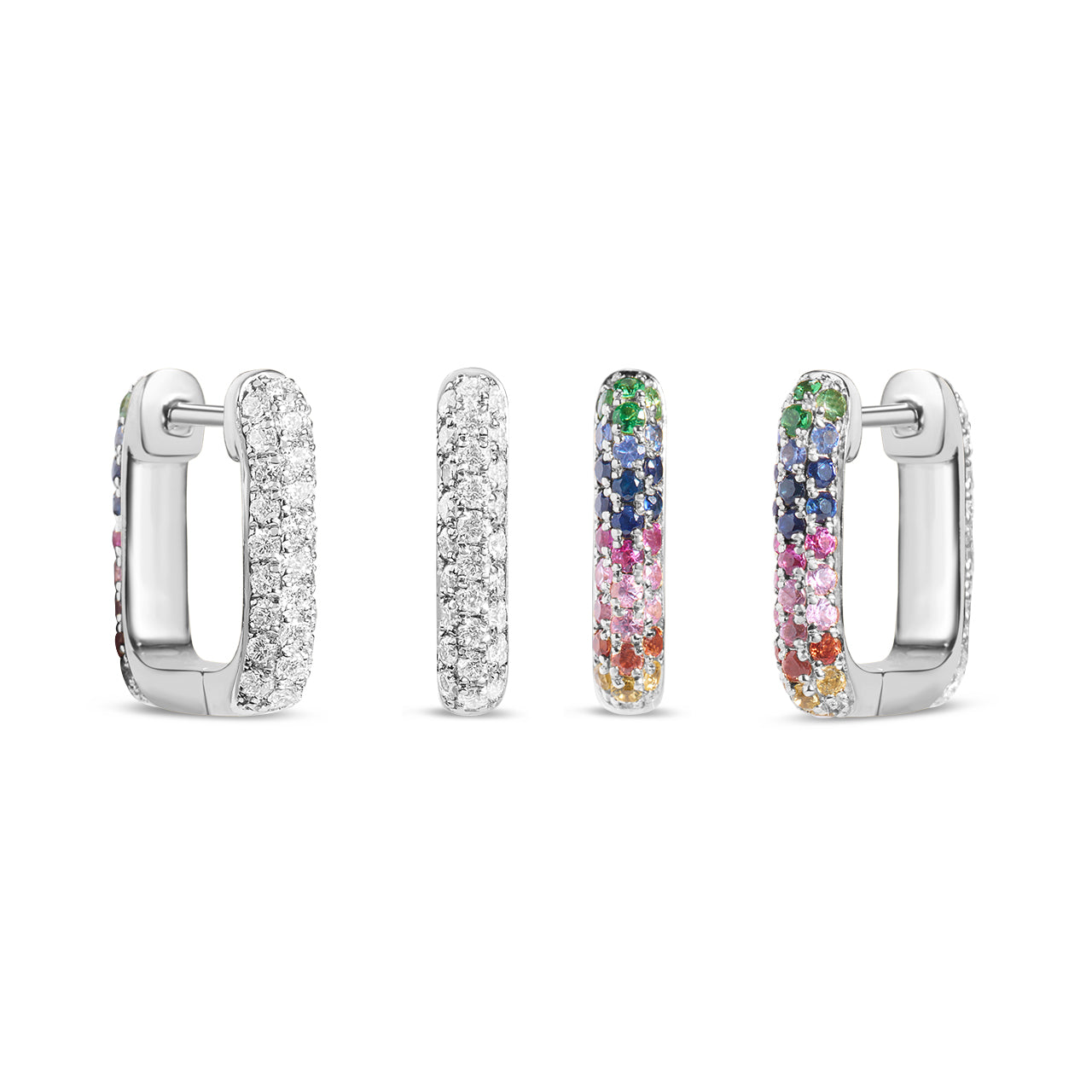Rainbow Sapphire & Diamond Pave Reversible Rectangle Huggie Earring