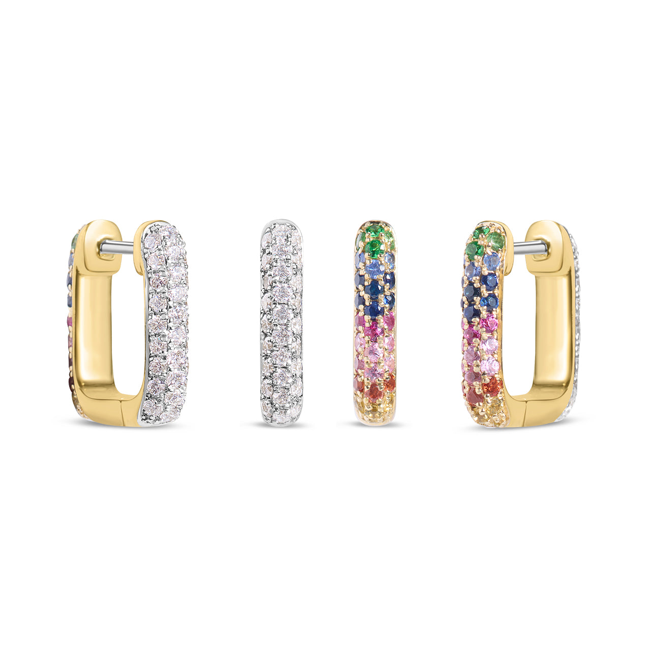 Rainbow Sapphire & Diamond Pave Reversible Rectangle Huggie Earring