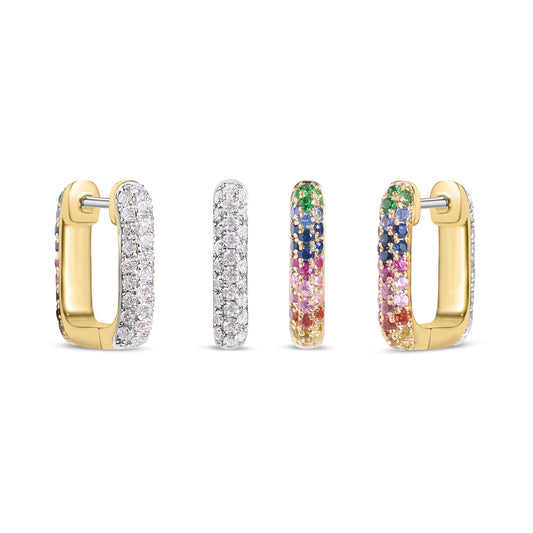 Rainbow Sapphire & Diamond Pave Reversible Rectangle Huggie Earring