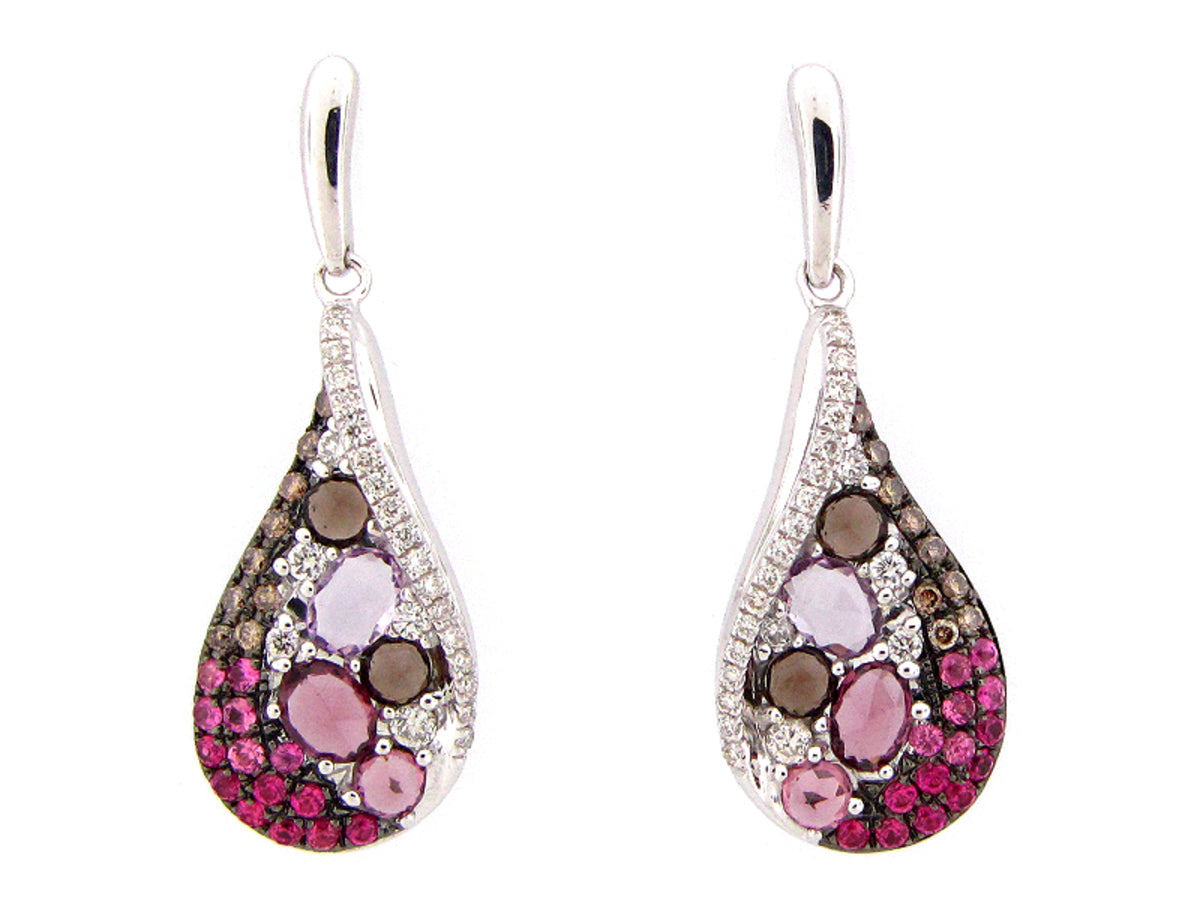 PINK SAPPH, RHODOLITE, AMETH, SMOKEY QUARTZ, BROWN & WHITE DIAMOND EARRING,14KW(H/N)