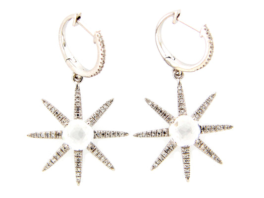 WHITE TOPAZ & DIAMOND 8 POINT STAR EARRING, 14KW (H)