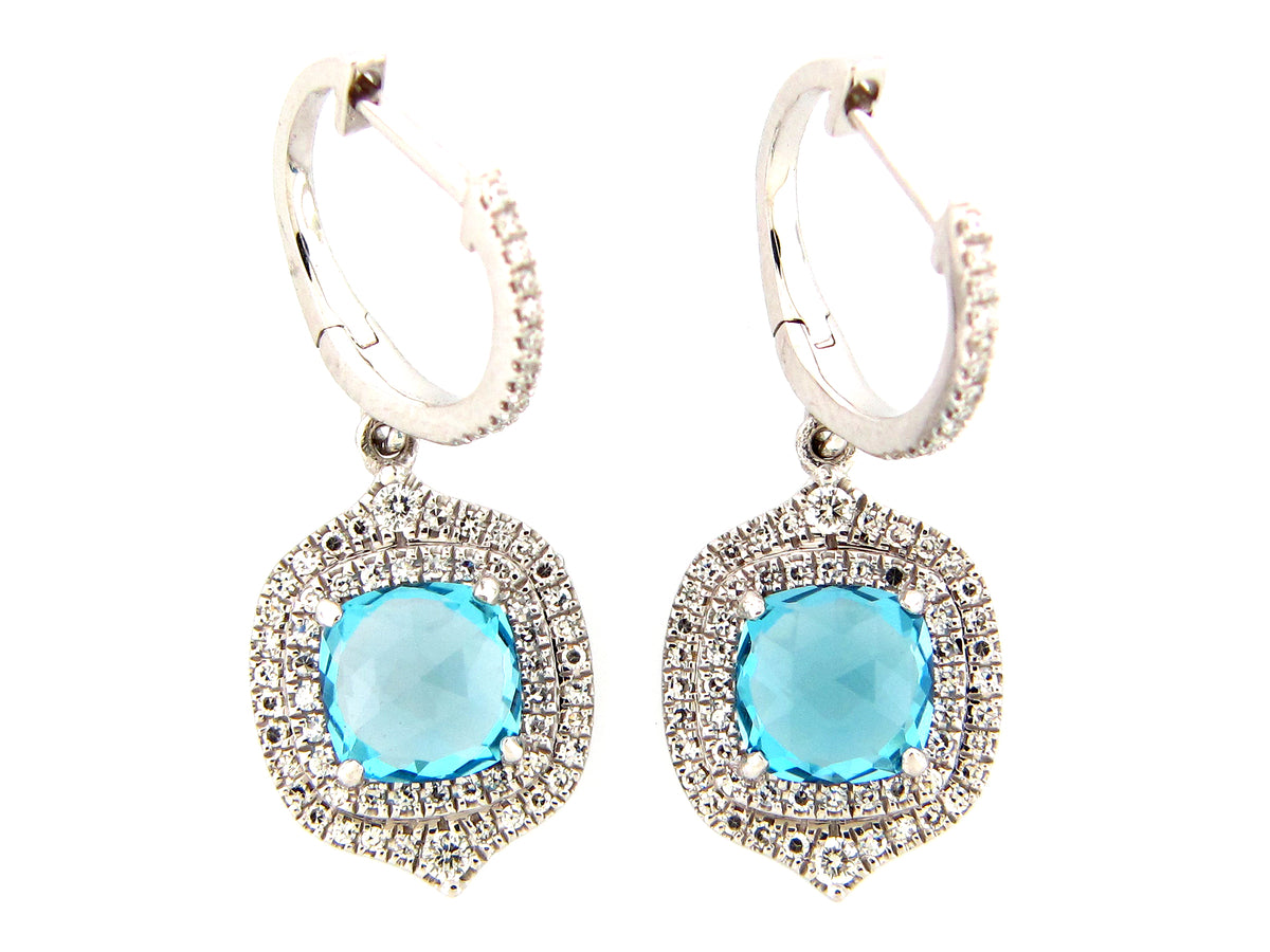SWISS BLUE TOPAZ & DIAMOND DOUBLE HALO EARRING, 14KW (R)