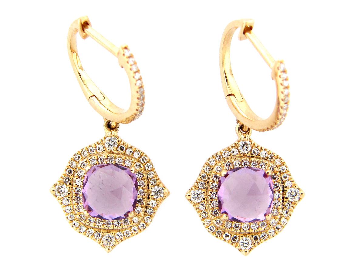 AMETHYST & DIAMOND DOUBLE HALO EARRING, 14KY (H)