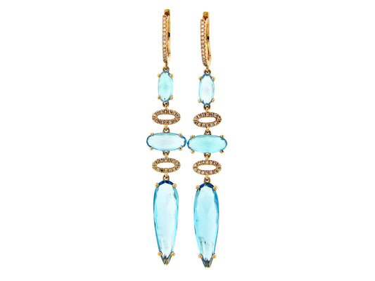 BLUE TOPAZ & DIAMOND 3 STATION DROP EARRING, 14KY (R)